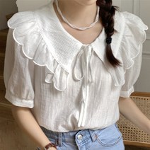 베이비돌블라우스 프릴 카라 화이트 반팔 셔츠 리본 퍼프 벌룬 루즈핏 단추