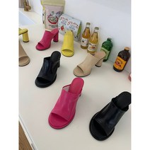 [비비드컬러감] 라텍스까래 소프트스판홀겹 볼드 라운드토중창 블랙 베이지 노랑 핫핑크 pink mule yellow black beige발이편한 착화감좋은 청키미들힐굽뮬슬리퍼 8cm