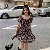 KORELAN 들장미 꽃무늬 원피스 여성 여름 티타임 스커트 첫사랑 스커트 A라인 스커트