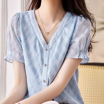 AURORNG 여성 셔츠 반팔 여름 브이넥 쉬폰 상의