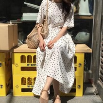 셀프웨딩드레스 2부드레스 대여 여성 여름 폴카 도트 슬림 허리 밴드 롱 드레스 빈티지 베스티도 벨트 로브 팜므 조머 저크 dress