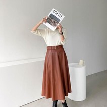 [옷자락] 여자 벨티드 플레어 후레아 A라인 인조가죽 롱스커트