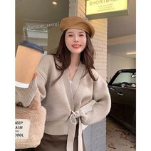 여성 브이넥골지랩니트 사이드 리본스트링 랩 니트