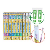 코도모칫솔 전사이즈10개 그린킨더저불소치약2개 덴탈케어칫솔 미세모S 2개 2-7세 뱉는아이 전사이즈택일, 12M
