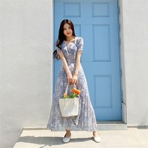 [] 여자 여름 색감좋은 나염 쉬폰 플리츠 반팔 롱원피스