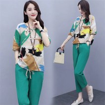 여성 투피스 린넨 반팔 티셔츠 블라우스 9부바지