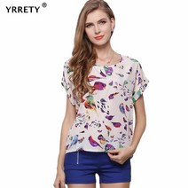 여성 블라우스/셔츠 YRRETY 여름 별 블라우스 여성 해바라기 버드 시폰 프린트 스트라이프 체크 무늬 셔츠 크로스 러브 블라우스 반소매 립스틱 셔츠
