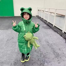청소년롱패딩 두꺼운 코튼 겨울 다운 재킷 및 코트 남아용 여아용 롱 파카 무릎 길이 만화 개구리 디자인