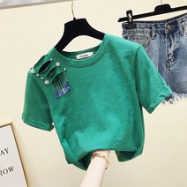 보석 큐빅 티셔츠 여름 슬리브 펀칭 반팔 여성 울트라 퍼플 캐주얼 면 코튼 여행 동
