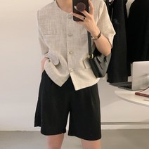 노카라 루즈핏 반팔 진주버튼 라운드넥 린넨 숏 트위드 자켓 봄 여름 하객룩 결혼식패션