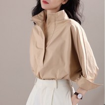 캐주얼 풀오버 올 매치 오피스 레이디 셔츠 여성용 패션 스탠드 칼라 단색 한국 블라우스 2023 봄