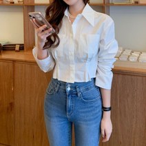 윤슬(yoonseul) 핀턱 크롭 포켓 숏 슬림핏 셔츠 기본 블라우스 오피스룩