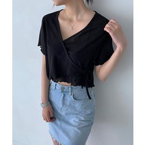 프릴 랩 리본 반팔 니트 크롭 블라우스 티셔츠 비치웨어 빅사이즈 여자 여성 V넥 오렌지