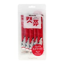 국내산 고양이 프리미엄 간식 미라클 캣쮸 파우치간식 13g X 5p 치킨+소고기, 게맛살+치킨