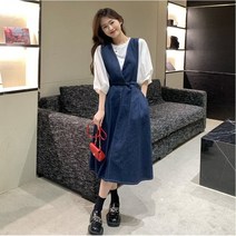 한블리 pick 데님 뷔스티에 롱원피스 러블리한 코디