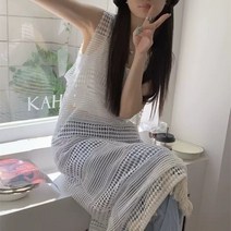 봄 여름 라운드넥 니트 메쉬 여성 나시 롱원피스 펀칭 태슬 레이어드 민소매 원피스