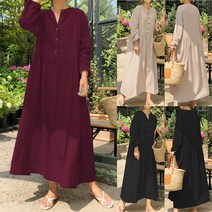 ZANZEA 여성용 긴팔 라운드 넥 셔츠 코튼 캐주얼 플레인 드레스 롱원피스