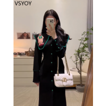 vsyoy 목도리 목걸이 자수 드레스 여성의 2023 봄 싱글 브레스트 허리 스키니 디자인 드레스