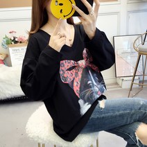 Ogfaour바닐라윈드 빅사이즈 여성 티셔츠 유럽 화물 봄가을 이너티셔츠 이너웨어 여성의류 브이넥 와이드 루즈핏 긴 소매 겨울 가을 옷
