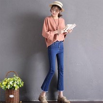 여성 봄 블루 블랙 밑단트임 컷팅 슬림 데님 나팔 부츠컷 스판 청바지