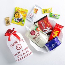 어린이 단체 답례품 감사 리본 간식 구디백 [무료라벨+간식9종+사과주스] 주일학교 달란트 시장 어린이집 학원 유치원 단체 답례품 과자선물세트, 땡큐 리본 간식 주머니