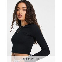 ASOS DESIGN 블랙 컬러의 긴소매 쁘띠 핏 크롭 티셔츠