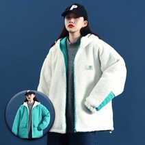 ANYOU 양털후리스 여성 배색 후드 양털후리스 집업 뽀글이 점퍼