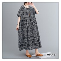 티피여름 빅 사이즈 여성 통통 MM 박시 프린트 반팔 미디 원피스녀