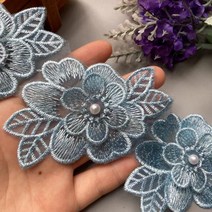 레이스 원단 패브릭 자투리 천 재봉 10x 진주 꽃 더블 레이어 날개 수 놓은 트림 뜨개질 리본 아플리케 패치 드레스 봉제 공예 9cm, Blue