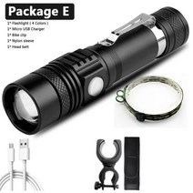 저스트앳 XP-L V6 XM-L2 U3 T6 USB 충전식 Led 손전등 알루미늄 줌 방수 토치 18650 배터리 자전거 랜턴 라이트 10W, [05] Package E, [01] No Battery, [01] T6-800LM