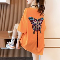 나루니 W04943 나비그림 나비자수 오버핏 여성티셔츠 루즈핏 여자반팔티 여름 박스티 사은품증정