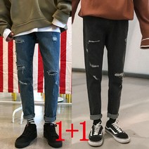 1+1 남성 9부 데미지 데님 팬츠