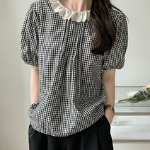 패스타임 여성 여름 40대 미시 코튼 고방 깅엄 체크 레이스 자수 카라 퍼프 엣지 셔츠 볼륨 블라우스 데이트룩 오피스룩
