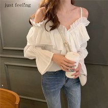 just feel!ng 여성 루즈핏 프릴 오프숄더 플레어 긴팔 나시탑 블라우스 반팔 이너셔츠 여성상의 예쁜블라우스