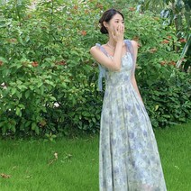 휴양지 수입 롱 쉬폰 원피스 블루 리본끈 제주도스냅 아이유 뷔스티에 77사이즈 인생샷 비치웨어 키작녀 임산부