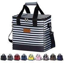 Iknoe 대형 백 24캔 단열 가방 샘 방지 멀티 포켓 도시락 보냉 해변 보온 (뉴 블랙), Stripes