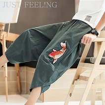 JUSTFEELING 남성 와이드 린넨 7부바지 남자 칠부 밴딩팬츠 빅사이즈 마약팬츠