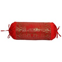 Stylo Culture Ethnic Polydupion Cylindrical Tubular Bolster Pillow Cover Red Jacquard Brocade Border, 1