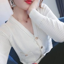 토파즈 WE0160 여자 봄 가을 여름 볼레로 울혼방 단추 브이넥 긴팔 니트 가디건 카디건 자켓 데일리룩