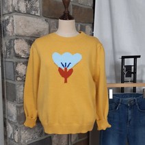 상상그이상 여성용 튤립 배색 라운드 니트 귀여운 포인트 프린팅 페미닌한 셔링 스웨터 긴팔니트 가성비 좋은 코트속에 입기 좋은 데일리 니트코디