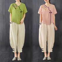 여성 투피스 린넨 반팔 티셔츠 블라우스 9부바지