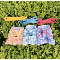 샵미니스 강아지하네스 플라워 체크 프릴 하네스 + 리드줄 세트 S-2XL, 오렌지 S