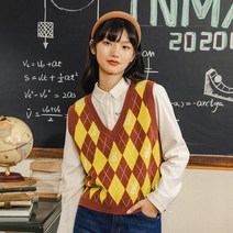 Inman 여성용 스웨터 조끼 봄 가을 아가일 스웨터 탑 프레피 스타일 귀여운 v 넥 마름모꼴 자카드 민소매 니트 조끼