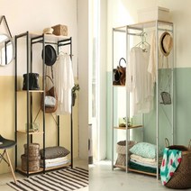 간결한 구조의 철재 프레임과 선반 와이드형 수납선반 철제옷장 조립식옷장 드레스룸옷장(90x40x167cm), 블랙