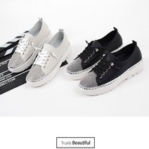 프리티슈 발편한 여성 큐빅 보석 스니커즈 키높이 소가죽 단화 (3.5cm)