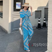 지9차이나 반팔 원숄더 V 넥 꽃무늬 점프 슈트
