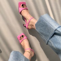 스퀘어 스트랩 뮬힐 미들힐 슬리퍼 샌들 6컬러 (5cm)