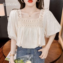 나바바 NB733 여성 레트로 퍼프소매 스퀘어넥 블라우스