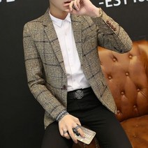 하객패션 패션 20대 룩 남성 캐주얼 정장 코트 한국 버전 슬림 트위드 정장 젊은 영국 스타일 멋진 격자 무늬 작은 재킷