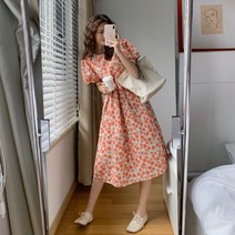 패스타임 여성 플라워 꽃무늬 라운드넥 퍼프 벌룬 소매 셔링 리본 여름 볼륨 키작녀 원피스